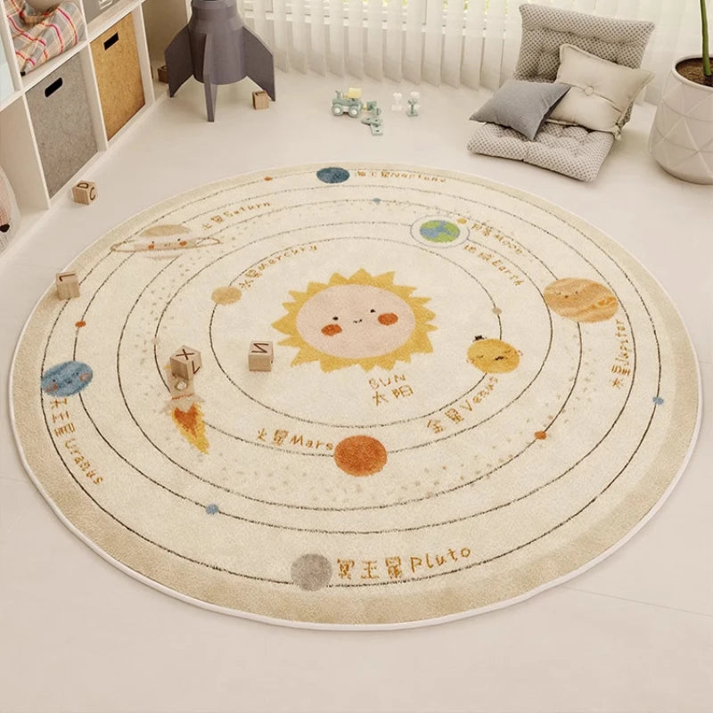 tapis rond polyester dessin animé cirque chevaux système solaire moderne enfant couleur beige rouge