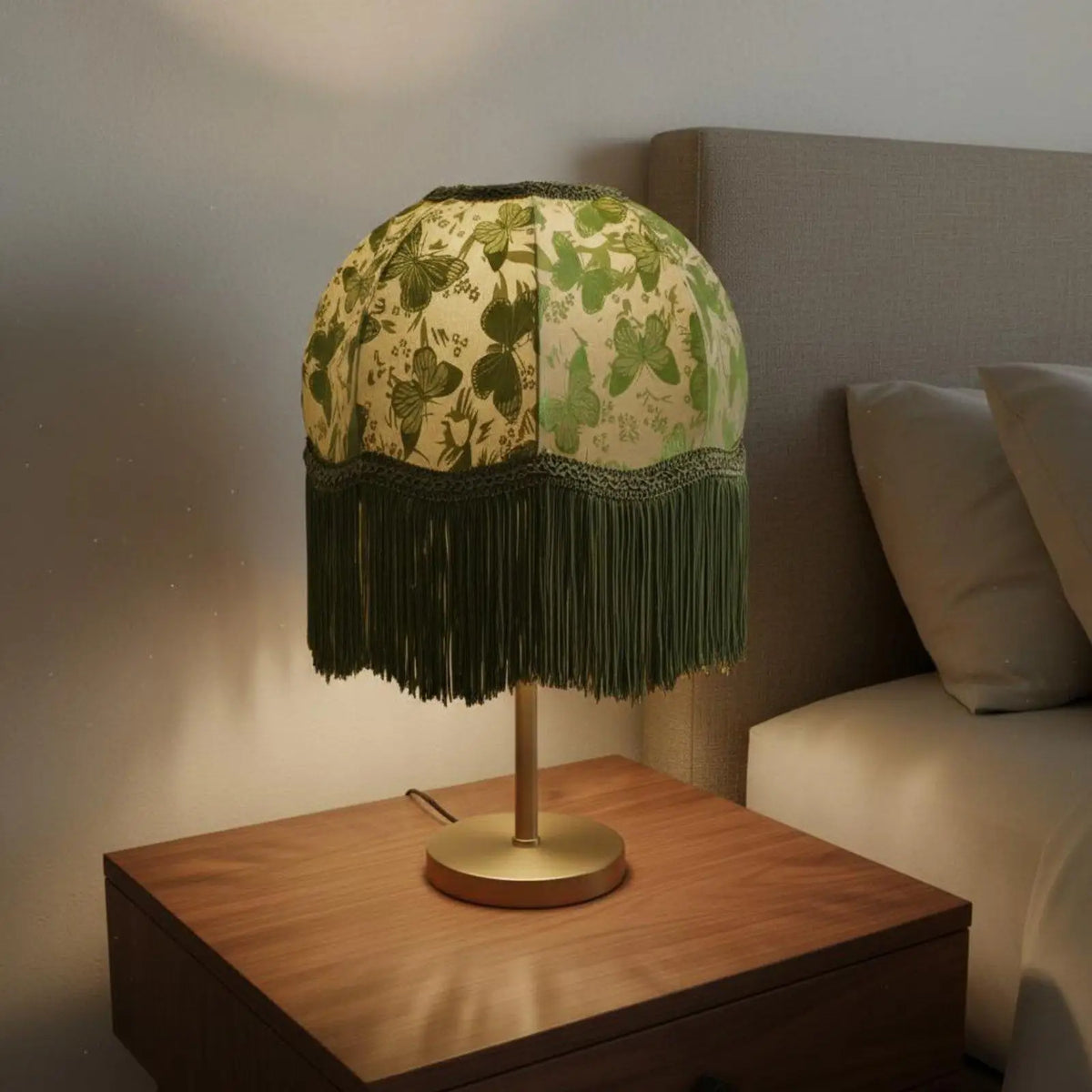 abat jour vert feuilles classique franges opacité tissu lampe décoration chambre moderne vintage