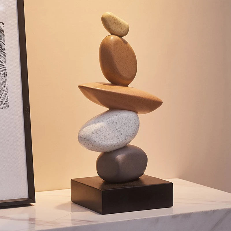 sculpture décorative pierres empilées moderne ornement intérieur feng shui beige marron gris minimaliste contemporain