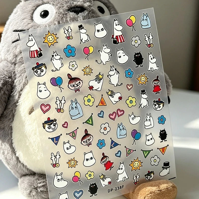 sticker adhésif ongle moomin dessins animés personnages ballons coeurs fleurs