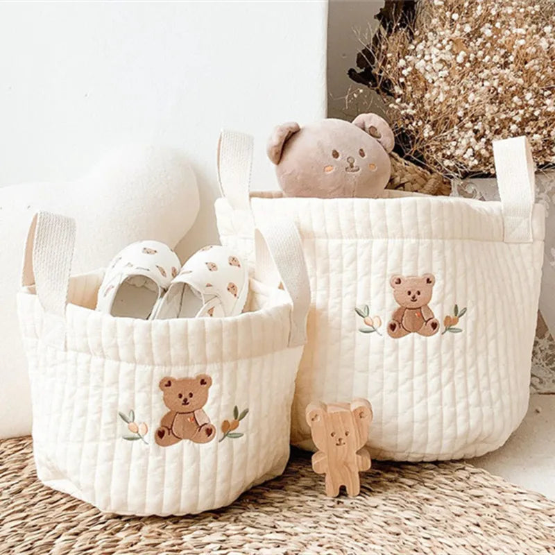 sac rangement coton brodé ours lapin blanc enfantin poignées tissu respectueux environnement coton épais