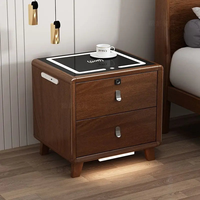 table nuit moderne bois blanc marron poignées métalliques chargeur sans fil