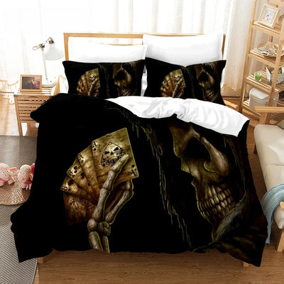 Housse de couette beige 220x240 avec impression 3D Halloween crâne sur lit