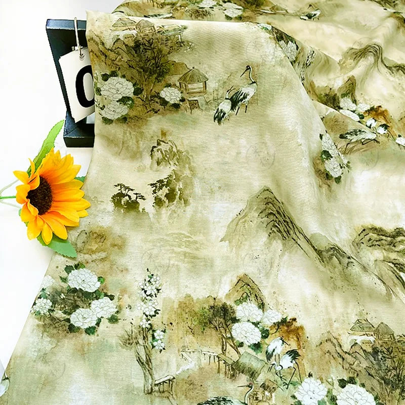 tissu brocart semi transparent paysage asiatique polyester 150cm large beige vert marron blanc fleuri
