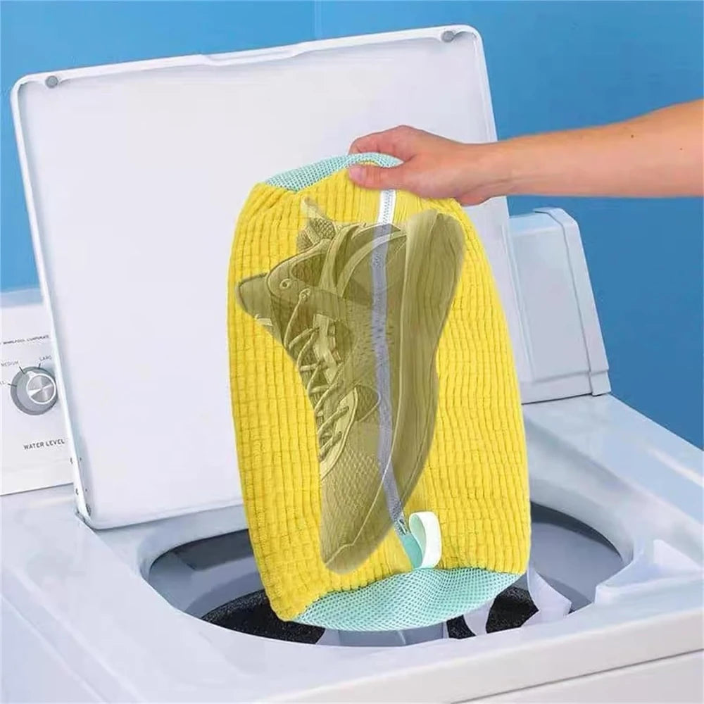 sac lavage chaussures réutilisable coton texture côtelée jaune bleu transparent fermeture éclair anse pratique
