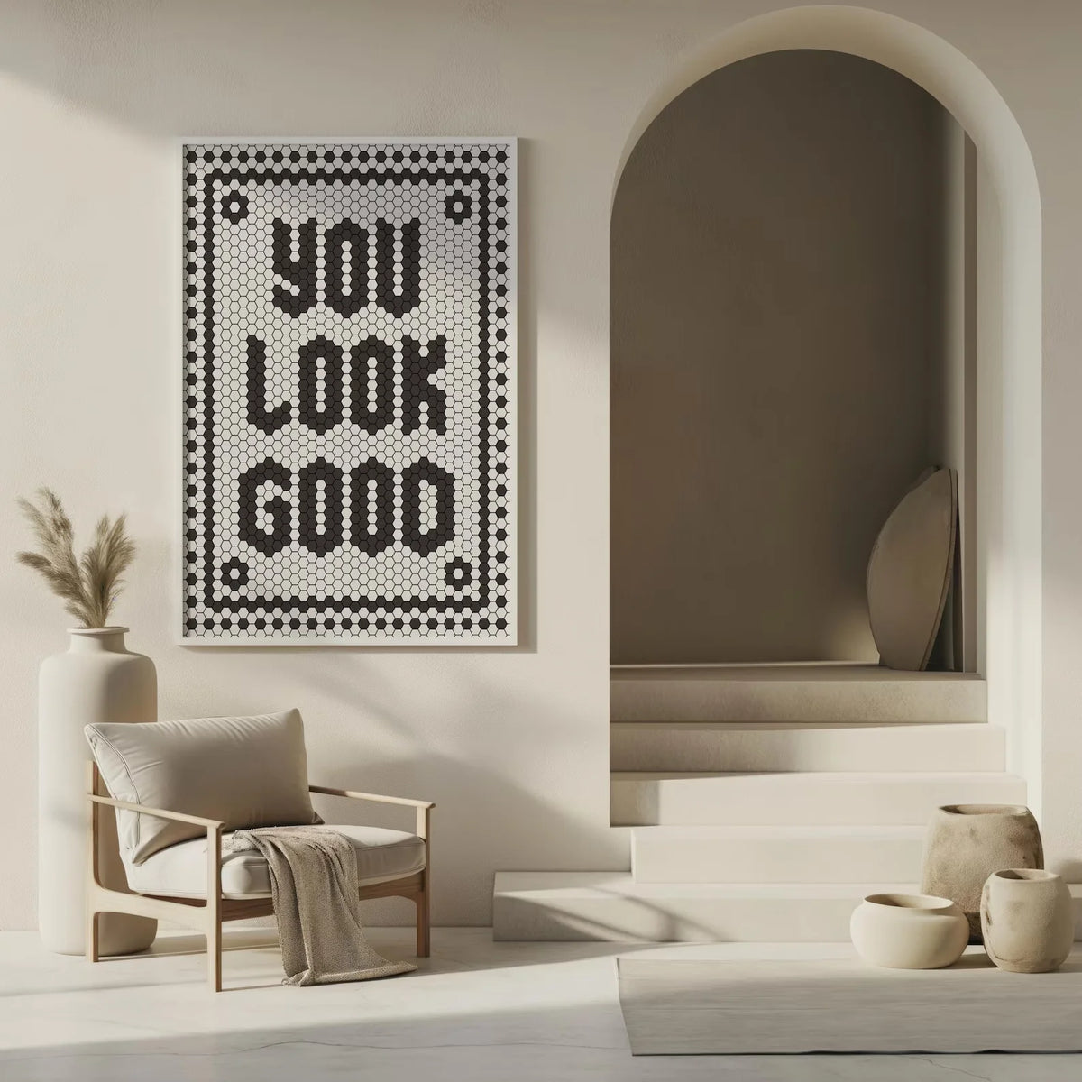 affiche murale hexagone moderne minimaliste noir blanche points bordure rectangle vertical