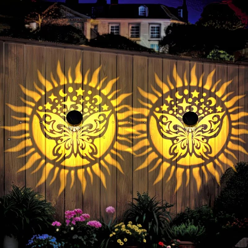 projecteur solaire extérieur mural décoration jardin éclairage nuit patio clôture allée mandala papillon motifs