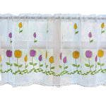 rideau brodé fleurs transparent bohème couleurs vives pompons blancs cuisine fenêtre