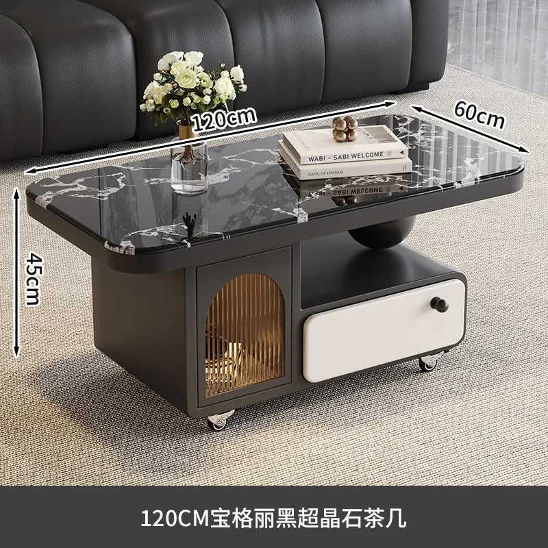 table basse moderne marbre noir tiroir roulette salon minimaliste italien
