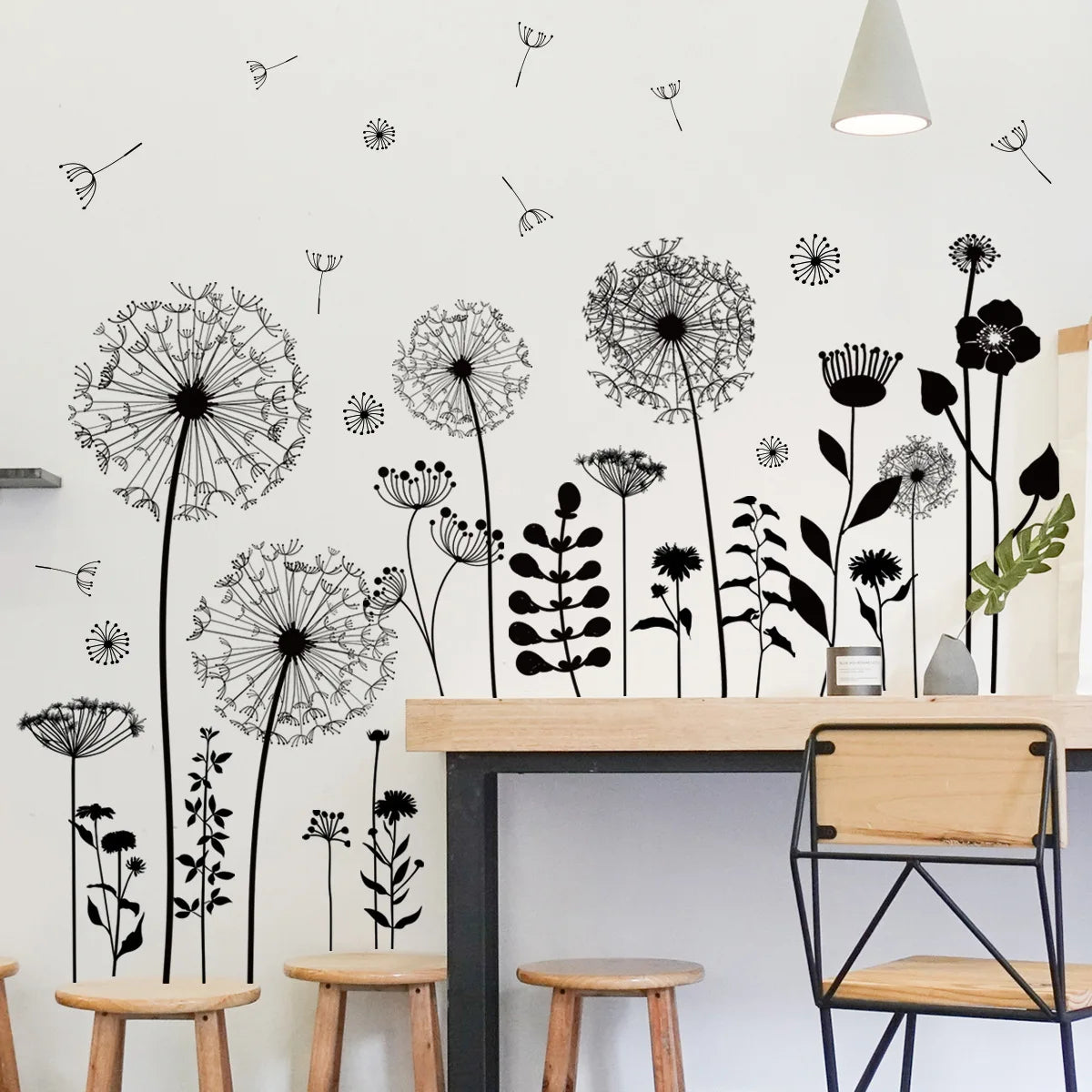 sticker mural adhésif fleurs pissenlit noir minimaliste moderne chambre salon 30x60cm x2pcs