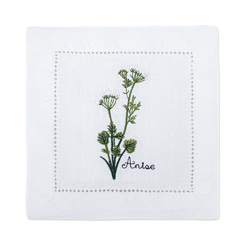 serviette cuisine lin blanc brodée motifs plantes aromatiques naturelle table élégante