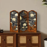 paravent vintage fleurs blanches noires motifs floraux artisanal doré salon chambre étude