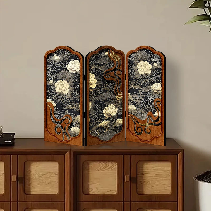 paravent vintage fleurs blanches noires motifs floraux artisanal doré salon chambre étude