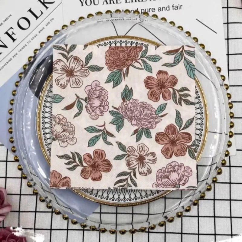 serviettes papier fleurées moderne élégantes beige clair marron vert rose 33cm 16.5cm 20 pièces