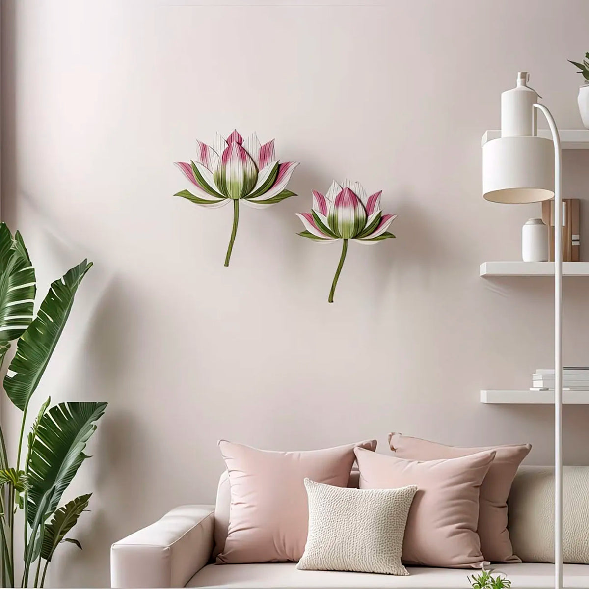 décoration murale bois fleur lotus reliefs feuilles détaillées vert blanc rose artisanal chambre coucher