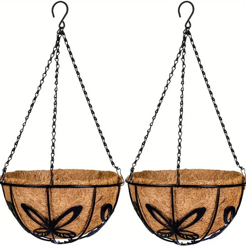 jardinière suspendue métal motif papillon fleurs pensées chrysanthèmes rustique décoration balconintérieur noix coco texturée