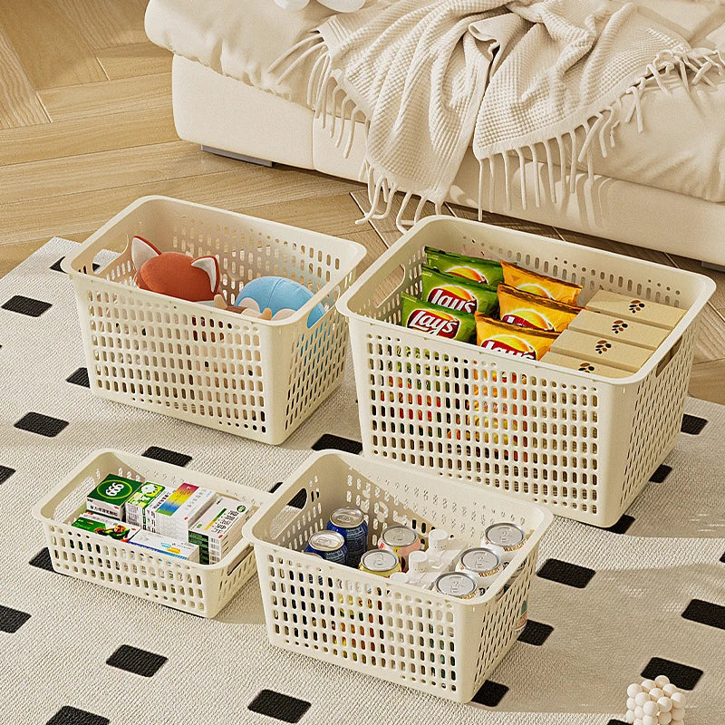 panier rangement perforé moderne poignées réutilisable articles divers boîte plastique beige clair