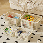 panier rangement perforé moderne poignées réutilisable articles divers boîte plastique beige clair