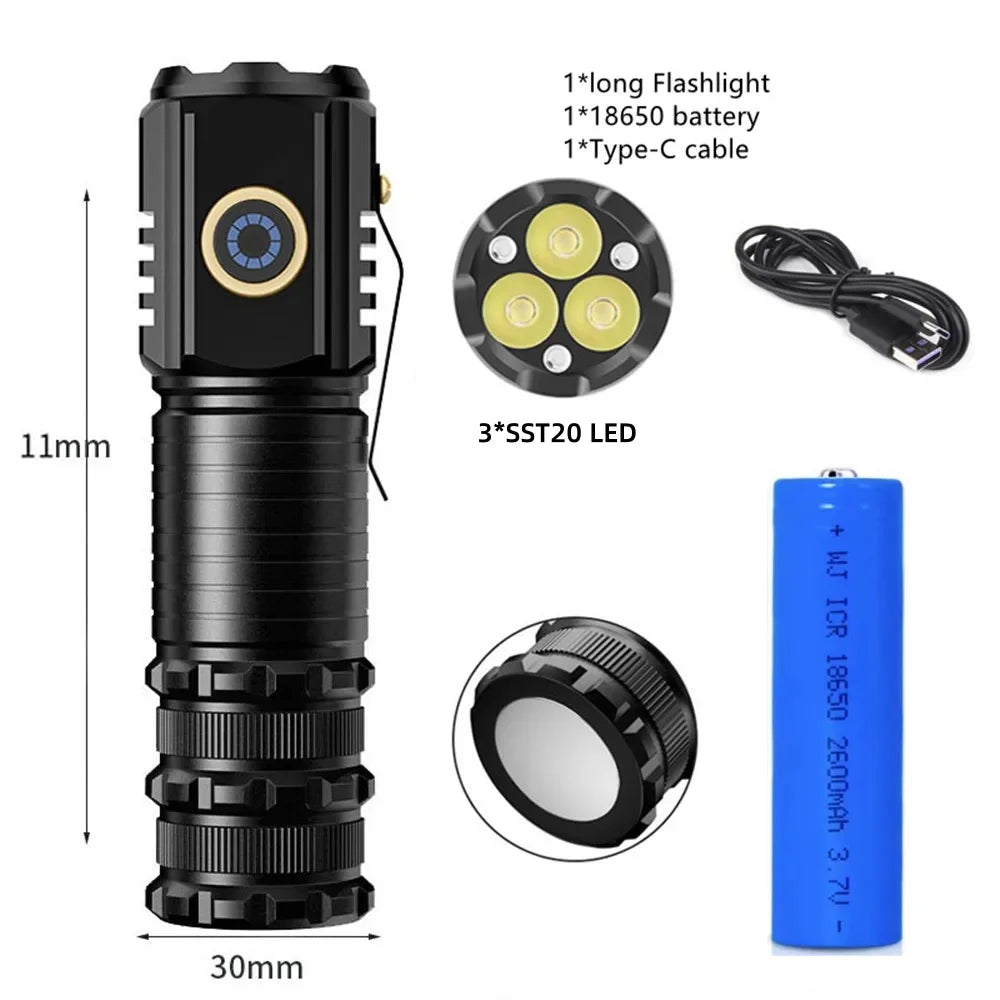 lampe torche noire rechargeable 1600lm ip64 zoom texturée rainures compact moderne