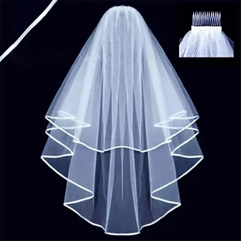 voile mariée deux couches tulle plissé bordure blanche transparent classique peigne cheveux blanc ivoire