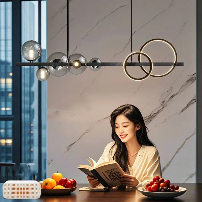 suspension lumineuse moderne noir doré verre transparent anneaux lumineux globes contemporains