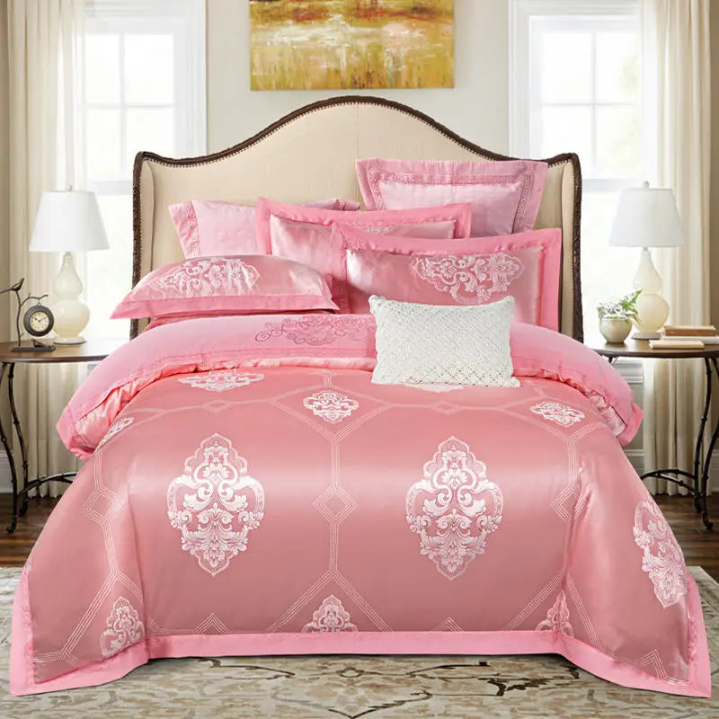 Détail des motifs brodés Jacquard sur le coton satiné