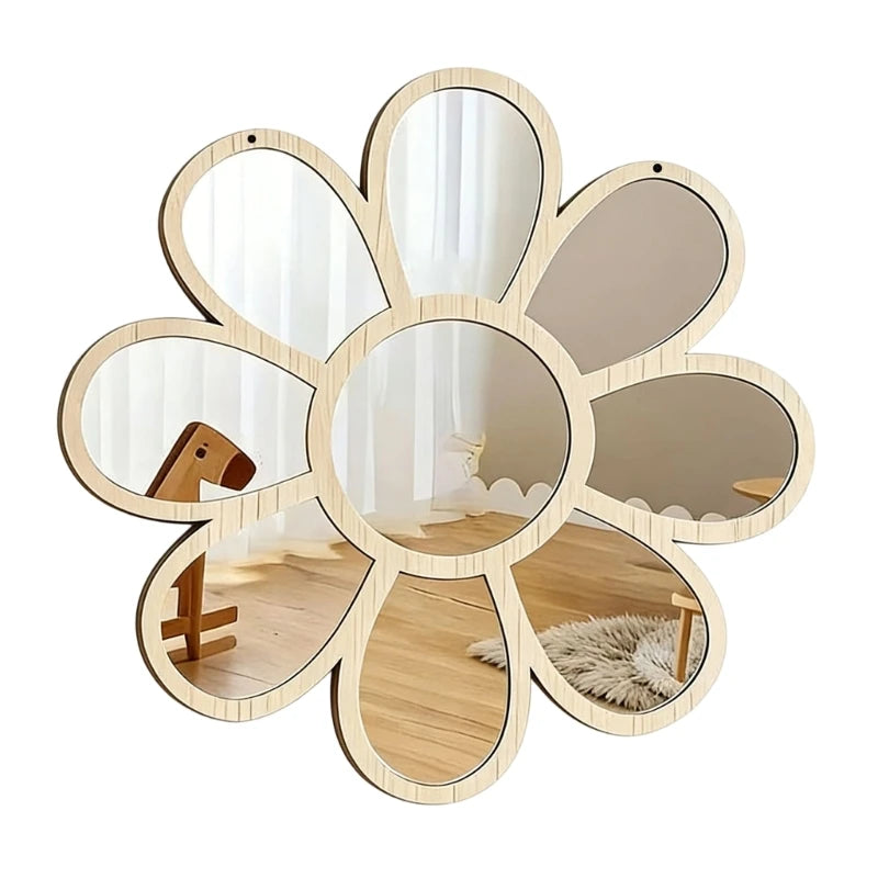miroir decoratif forme fleur bois clair argent fixations figurines baleines coquillage