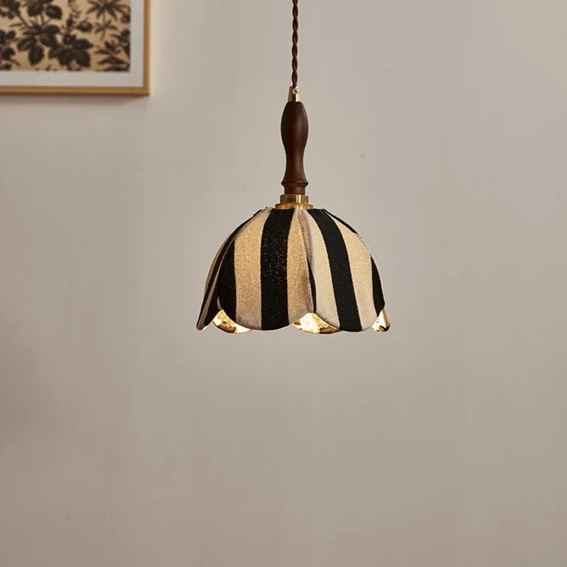 lampe suspendue vintage tissu rayures noire blanche dorée câble ajustable salon chambre