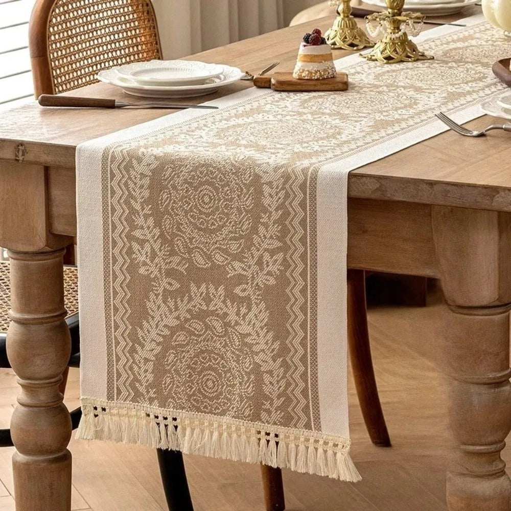nappe table beige geometrique franges tissage rustique boheme abstrait 180cm 35cm