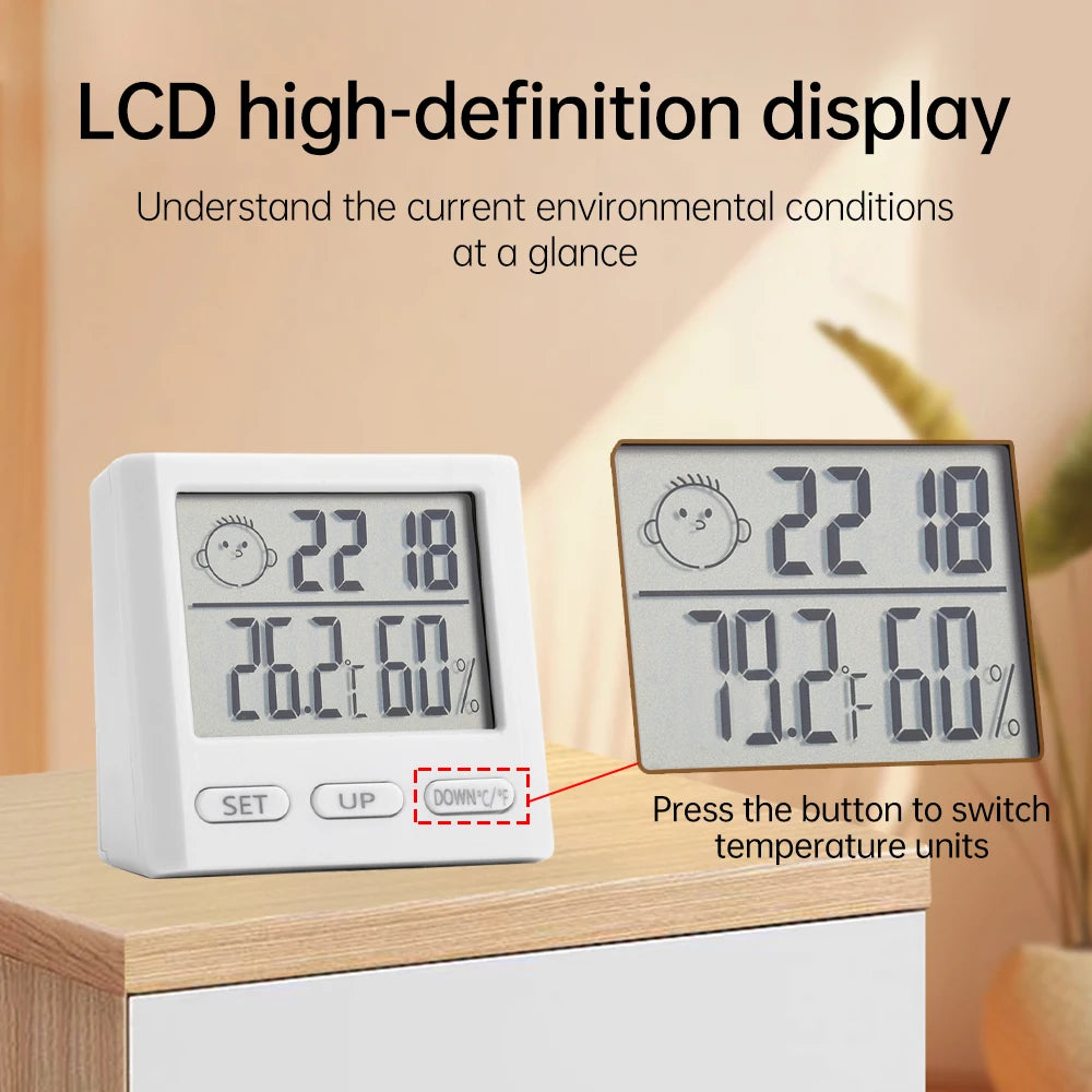 mini horloge alarme blanc affichage température humidité emojis moderne compact lcd numérique