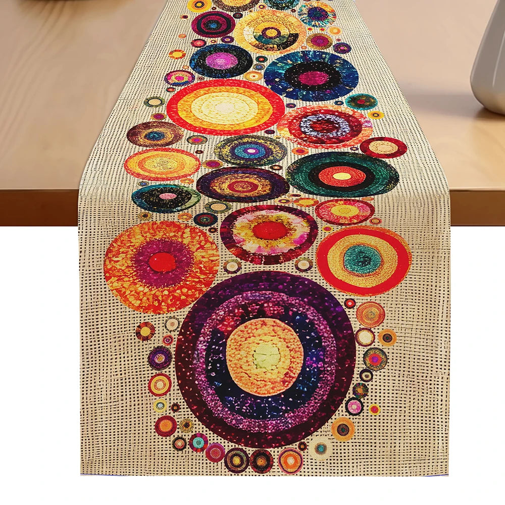 table table lin bohème motifs circulaires multicolores ethnique abstrait salle manger decoration