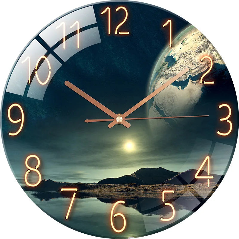 horloge murale moderne coucher soleil bleu doré planète géométrique salon minimaliste