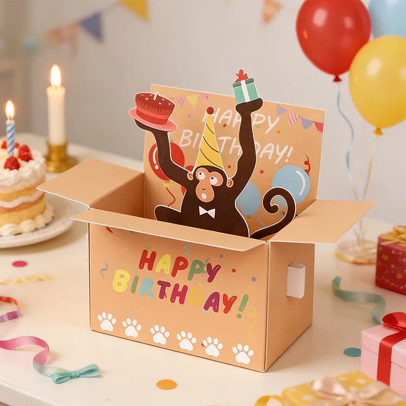 boîte pop up anniversaire imprimée ballons confettis souhaits carte beige clair festive