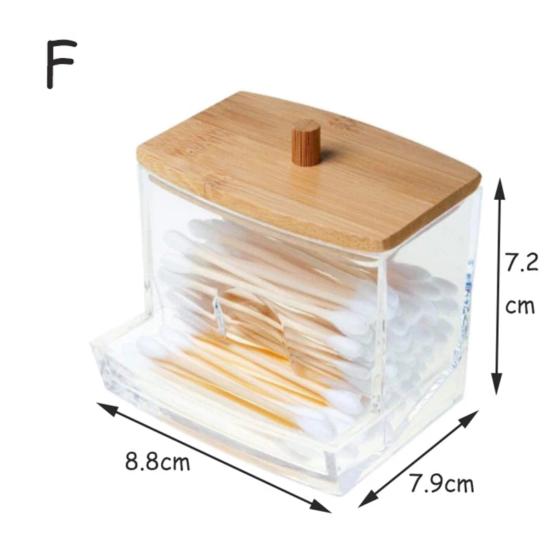 boîtes rangement cosmétiques transparentes couvercle bois moderne coton tige lingettes pinceaux rouges lèvres