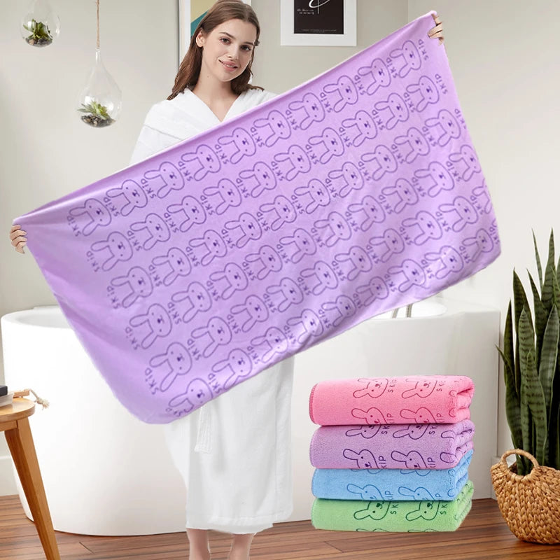 serviette bain polyester rapide motif lapins mignons couleurs violet rose vert bleu doux moderne