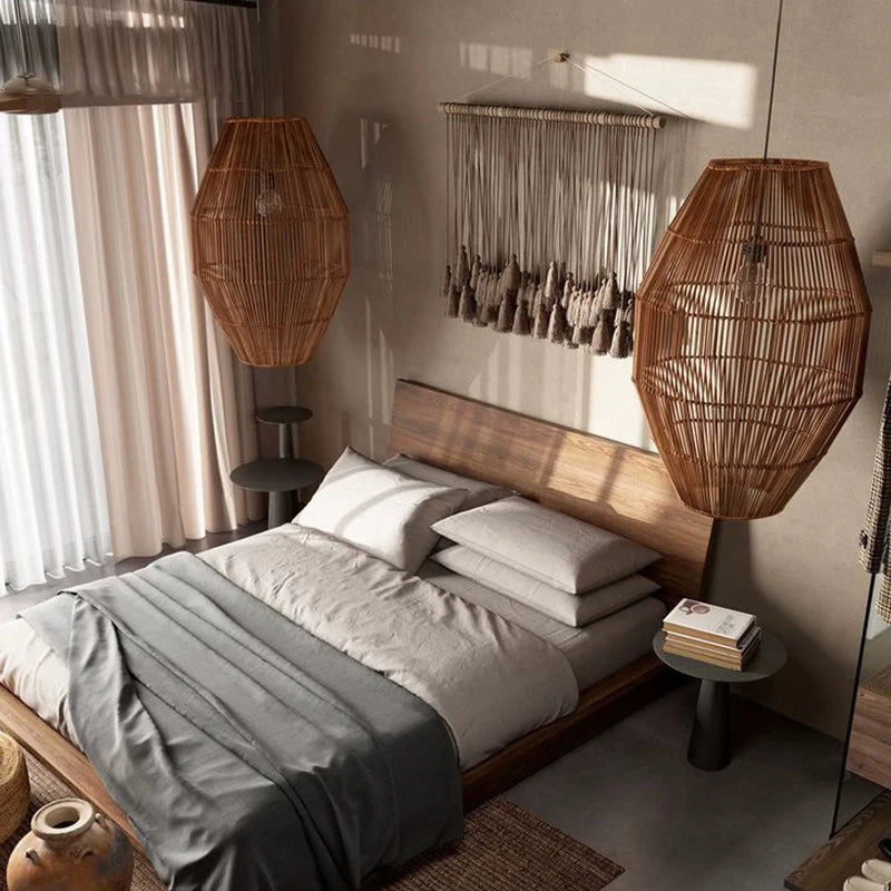 Suspension rattan tressée moderne naturelle salon chambre lumière chaîne métallique