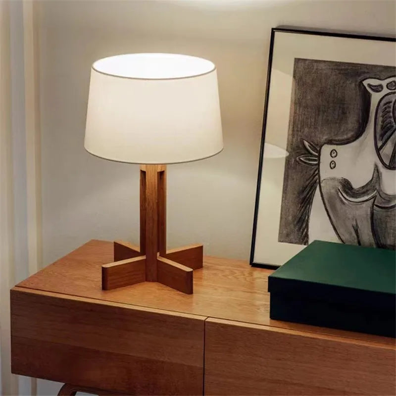 lampe moderne minimaliste bois blanc abatjour tissu base fixe led 21w 30w