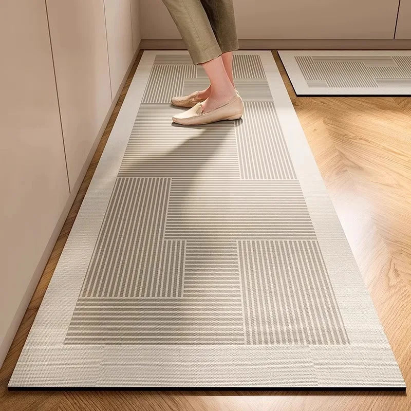 tapis moderne rayures horizontales beige gris antidérapant machine lavable fibre bambou résistant rides