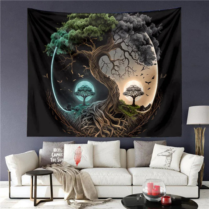 tapisserie murale contemporaine arbre feuilles oiseaux paysage noir vert gris bleu doré