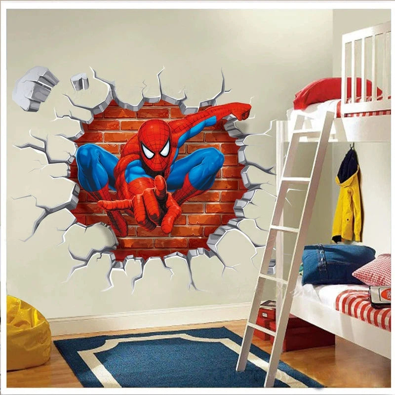 sticker mural 3d spiderman combat rouge bleu blanc décoration chambre salon opacité fond briques