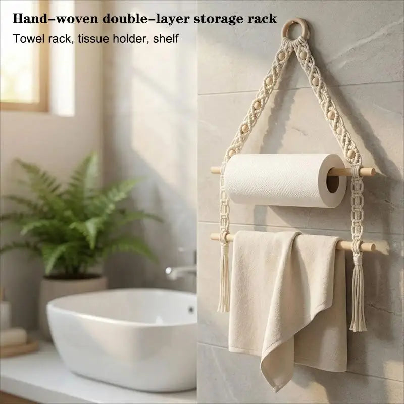 porte serviettes macramé boho rack serviettes tissu artisanal support mur blanc beige