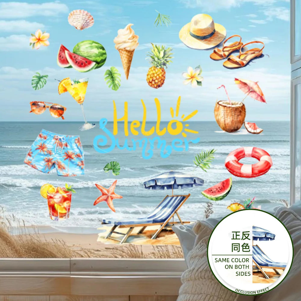 sticker mur illustration été fruits lunettes soleil chapeaux chaises longues 30cm x30cm multicolore adhésif