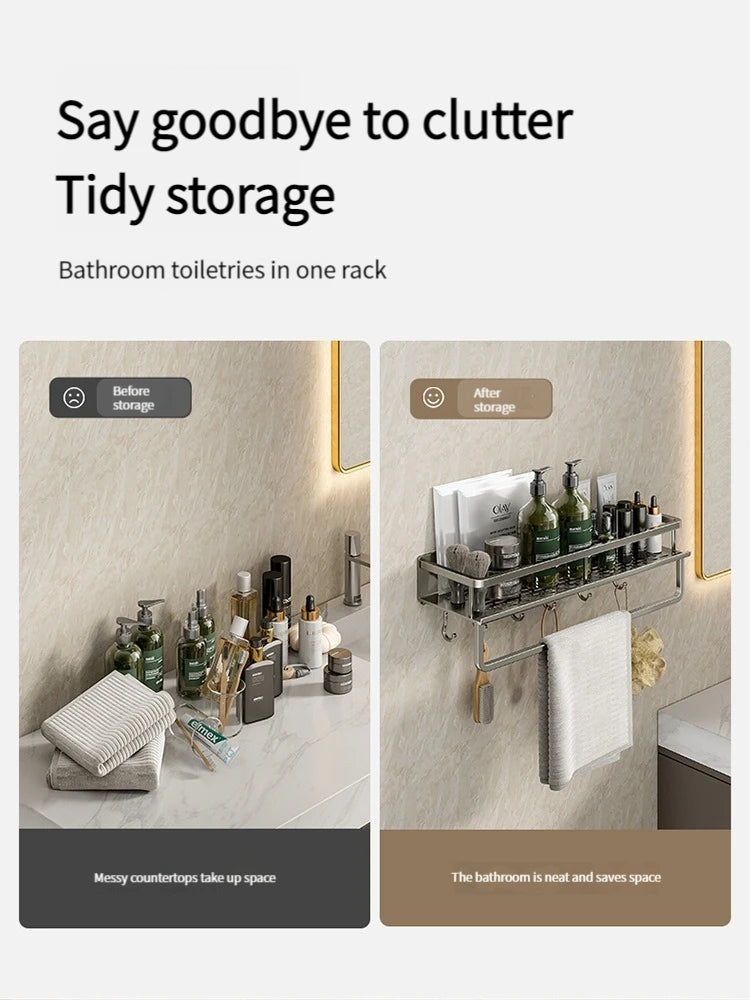 étagère murale salle bain aluminium gris perforé crochets produits cosmétiques moderne