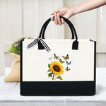 sac main toile tournesol papillons beige noir moderne réutilisable respectueux environnement poignées détachables zippé