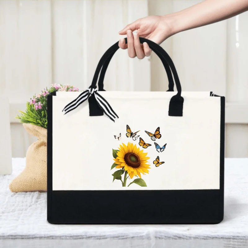 sac main toile tournesol papillons beige noir moderne réutilisable respectueux environnement poignées détachables zippé