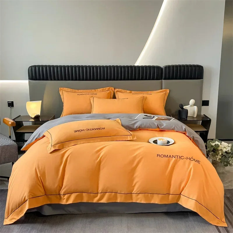 ensemble literie coton uni moderne beige bleu clair orange satiné