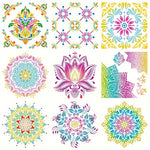 Stencil artisanal fleurs stylisées motifs géométriques couleurs vives décoration murale tissu bois