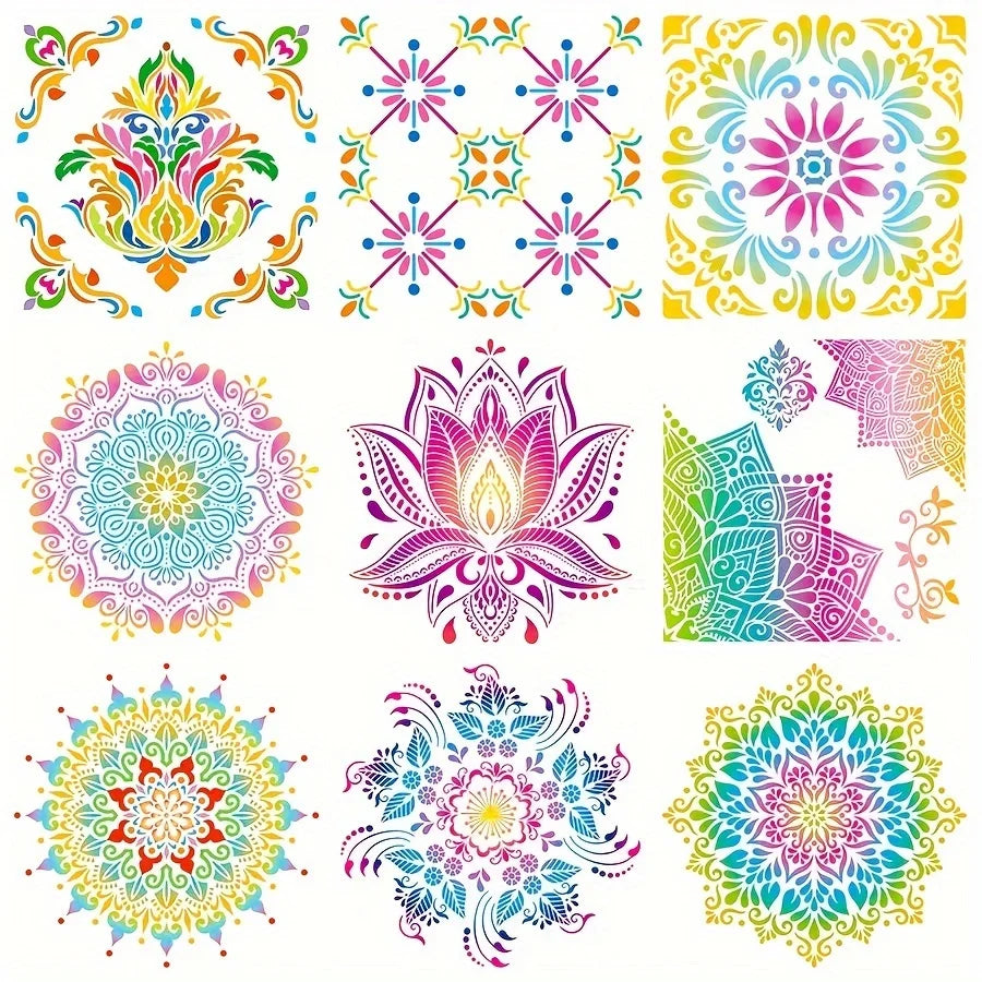 Stencil artisanal fleurs stylisées motifs géométriques couleurs vives décoration murale tissu bois
