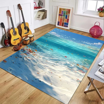 tapis moderne thème marin coquillages bleu blanc velours anti dérapant 80x120cm