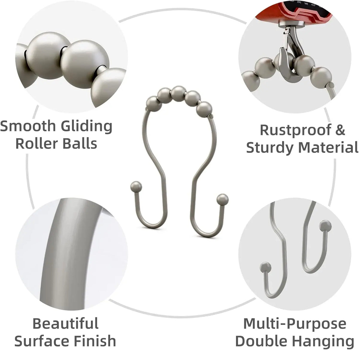 crochets rideau douche barre incurvée billes décoratives acier inoxydable moderne accessoires salle bain minimalistes